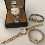 A mens Bentina Star wristwatch with expandable strap together with 3 ladies gone tone wristwatches.