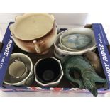 A box of assorted large ceramic items.
