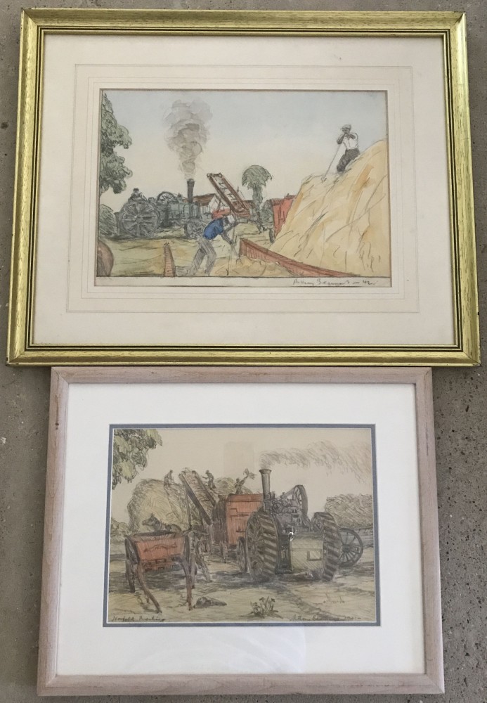 2 framed & glazed pencil and watercolours by Anthony Beaumont, both of Norfolk threshing.