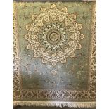A brand new Keshan Rug with pale green background and beige, brown and navy pattern.