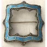 A vintage open square sterling silver and blue guilloche enamel brooch.