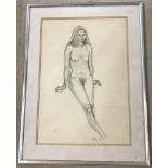 A framed and glazed pencil drawing of a nude.