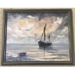 A framed oil on board of boats on a shore " Calm before the storm" Signed J. Lightbody.