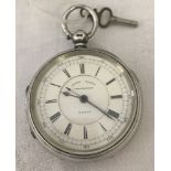 A hallmarked silver cased Chronograph pocket watch with roman numeral digits and blue steel hands.