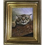 Peter Welch - (c20th East Anglian wildlife artist) - oil on board of a tabby cat.