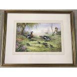 Carl Donner signed watercolour of a pair of Red Breasted Geese and 6 goslings.