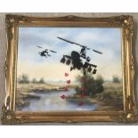 Unusual oil in board of a Lakeland scene with 'Banksy' style helicopters painted in black.