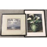 2 vintage framed and glazed watercolours. A seascape together with a still life of Arum lilies.