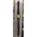 A 1960's 9ct gold cased ladies Omega 17 Jewels wristwatch with original black leather strap.