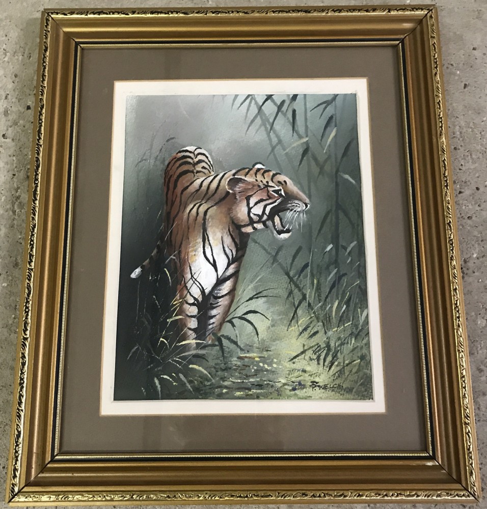 Peter Welch - (c20th East Anglian wildlife artist) - watercolour montage of a Bengal Tiger.