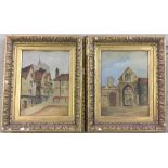 A pair of Victorian gilt framed oils on board. A street scene together with a gatehouse.