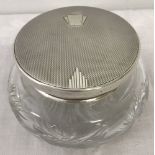 Engine turned silver top glass powder bowl. Birmingham 1939.