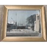 Oil on canvas of a dockyard scene.