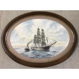 Chris Williams - oval watercolour of tall sailing ship with small steam boat.