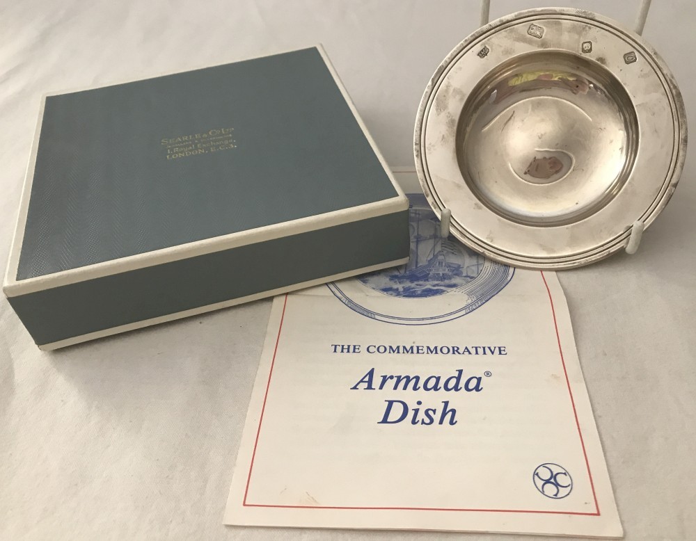 A boxed solid silver commemorative 'Armada' dish.