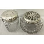 Embossed silver top cut glass powder bowl and silver top glass jar.