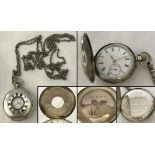 Antique hallmarked 1914 ladies half hunter silver pocket watch and 62 inch chain.