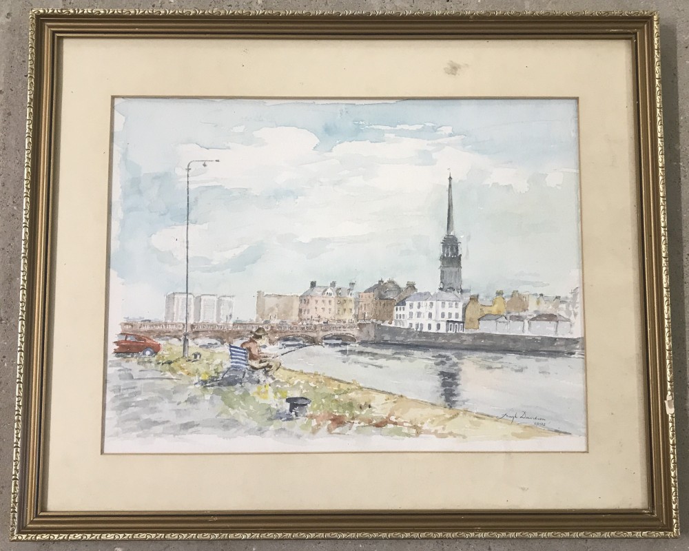 Hugh Davidson Framed and glazed watercolour of a river scene.