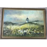 D. Carlton 1920's signed oil on canvas of a beach with lighthouse, framed.