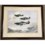 Peter Welch - (c20th East Anglian wildlife artist) - watercolour WW2 Hurricanes over The Channel.