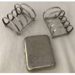 2 vintage silver plated toast racks together with cigarette case.