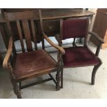 2 vintage dark wood arm chairs with red velvet upholstery.