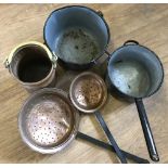 Two vintage enamelled cooking pots together with 2 chestnut roasters and a cooper brass handled pot.