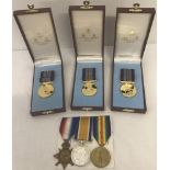 3 boxed Arnhem 50th Anniversary medals together with a WWI medal trio.