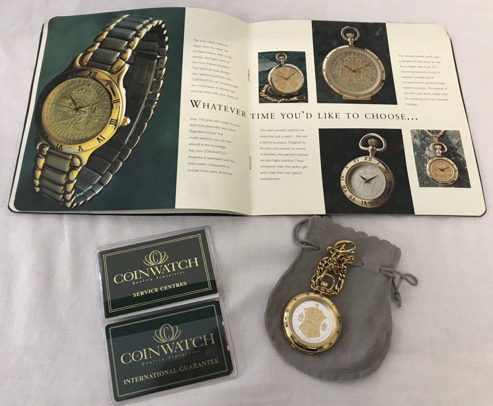 A Coinwatch 23ct gold plated pocket watch with chain, together with pouch and paperwork.
