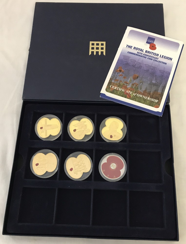 A set of 6 British Legion 90th Anniversary commemorative 24ct gold plated £5 coins.