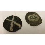 2 WWII pattern Luftwaffe circular shaped cloth badges with metallic thread.