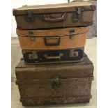 A vintage tin trunk together with 3 vintage suitcases.
