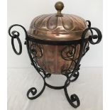 Vintage decorative round copper container with brass knob.