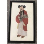 An oriental 3D figure of a gentleman with folded fabric clothing and real hair beard.