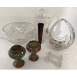A box of assorted clear and coloured glassware items.