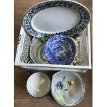 A collection of blue and white ceramics.