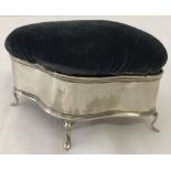 A hallmarked silver 4 footed curve shaped trinket box with silk lined interior and pin cushion lid.