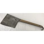 An antique meat cleaver marked Brades Co 1915. Hook to base of handle.