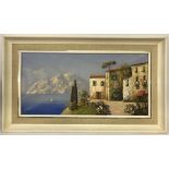 A framed oil on canvas of a Mediterranean scene.