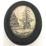 A scrimshaw style oval plaque of the Golden Lion galleon. Initials to bottom left AJA.