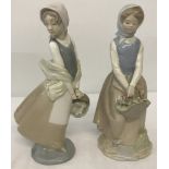 2 Spanish ceramic figurines of girls. Nao figurine of girl with fruit basket