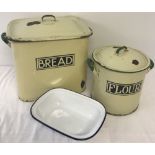 2 pieces of vintage kitchen enamel ware, together with a modern piece.