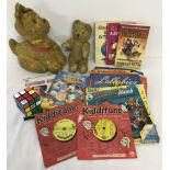 A box of assorted vintage toys to include teddies, books and Spongebob Squarepants figures.