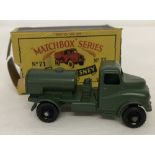 A boxed Matchbox #71 Army Water Truck, Austin 200 Gallon water truck.