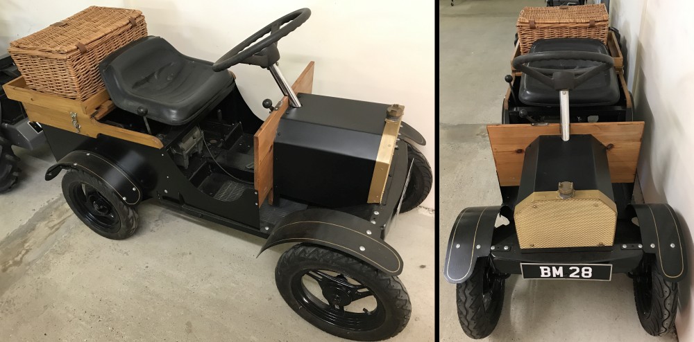 A model (approx. half scale) 3.5HP petrol engine Veteran Car with luggage rack and picnic basket.