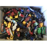 A tub of Matchbox play worn diecast vehicles.