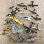 A box containing 19 assembled and painted kit aeroplanes of various colours and sizes.