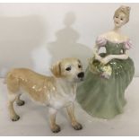 A Coalport Golden Labrador figure (a/f) together with a Royal Doulton Clarissa figurine HN2345.