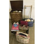 A vintage needlework box together with knitting, tapestry and needlework items and materials.