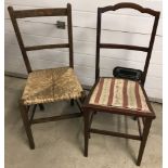 2 vintage bedroom chairs, one with an upholstered seat and inlaid detail and one rush seated.